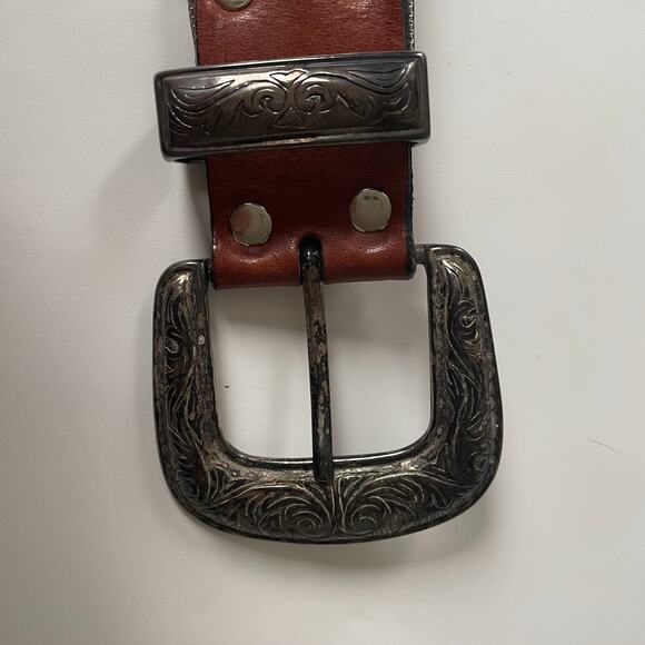 Vintage 1990s Boho Leather Medallion Belt Made in USA Brown Silver EUC - Picture 5 of 14